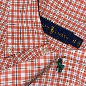 Polo Ralph Lauren Long Sleeve Button Down Oxford Shirt Mens M Orange White Plaid